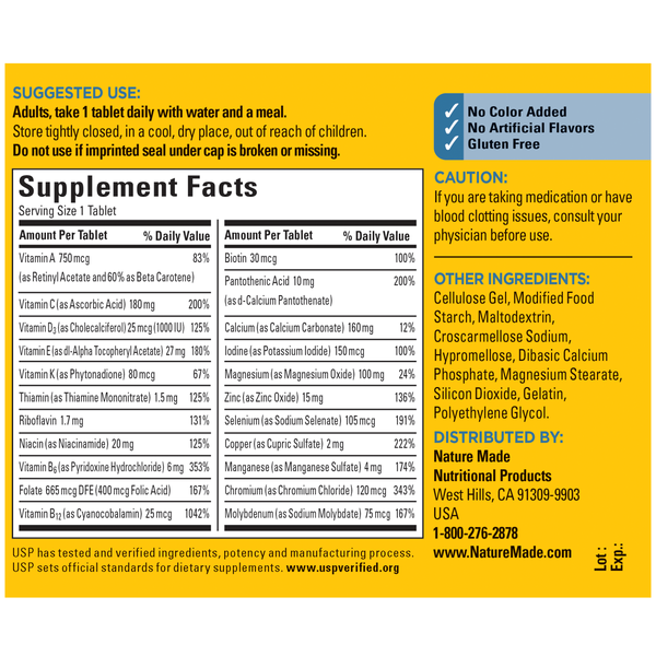 Nature Made Multivitamin men 50+ bottle label showing supplement facts and usage instructions for men over 50.