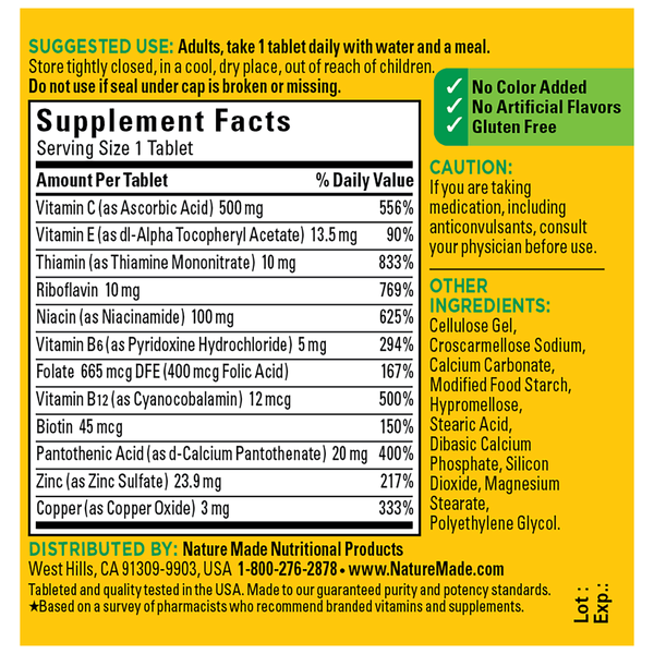Nature Made Stress B-Complex supplement facts label showing vitamin C, B vitamins, zinc, and serving details on yellow background