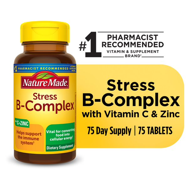 Nature Made Stress B-Complex yellow bottle with Vitamin C and Zinc tablets supporting immune system and energy