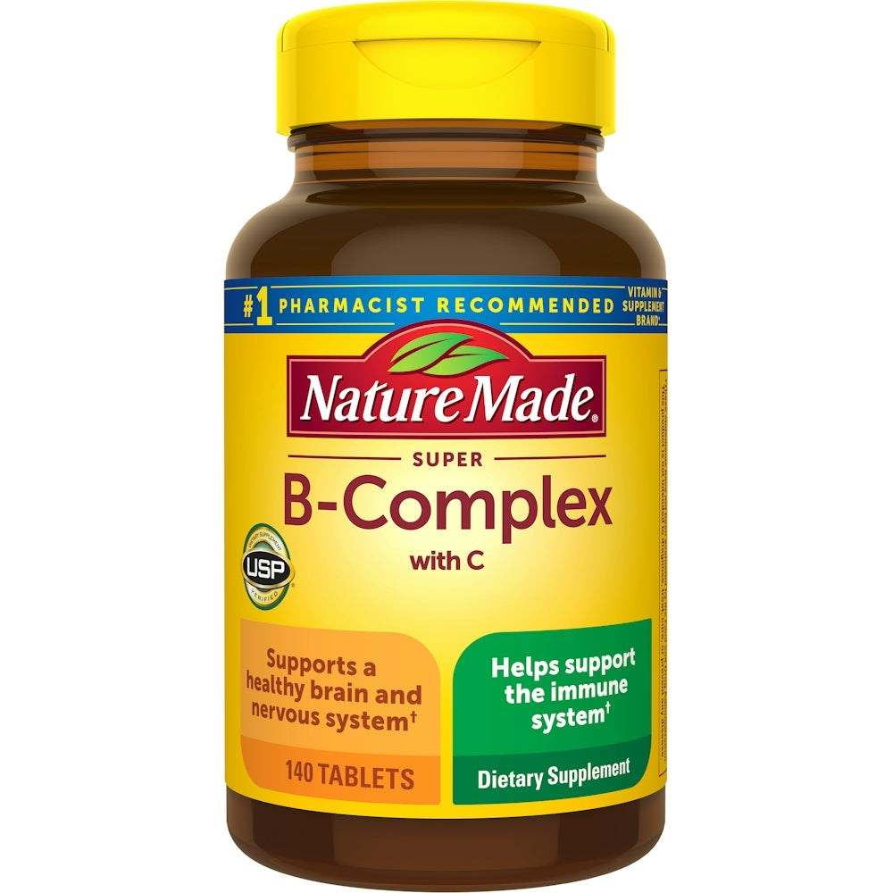 Nature Made Super B Complex dietary supplement bottle with yellow label and cap, supporting immune system and brain health
