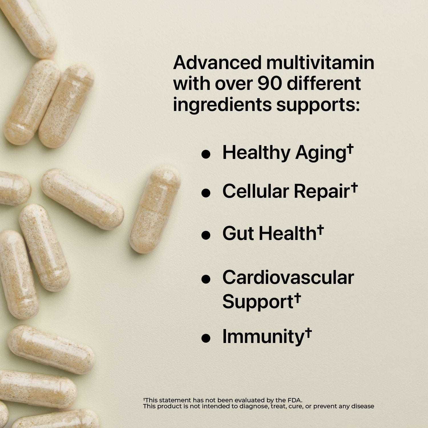 Nature's Lab Gold Six Daily advanced multivitamin capsules, beige and speckled, with printed benefits for health support