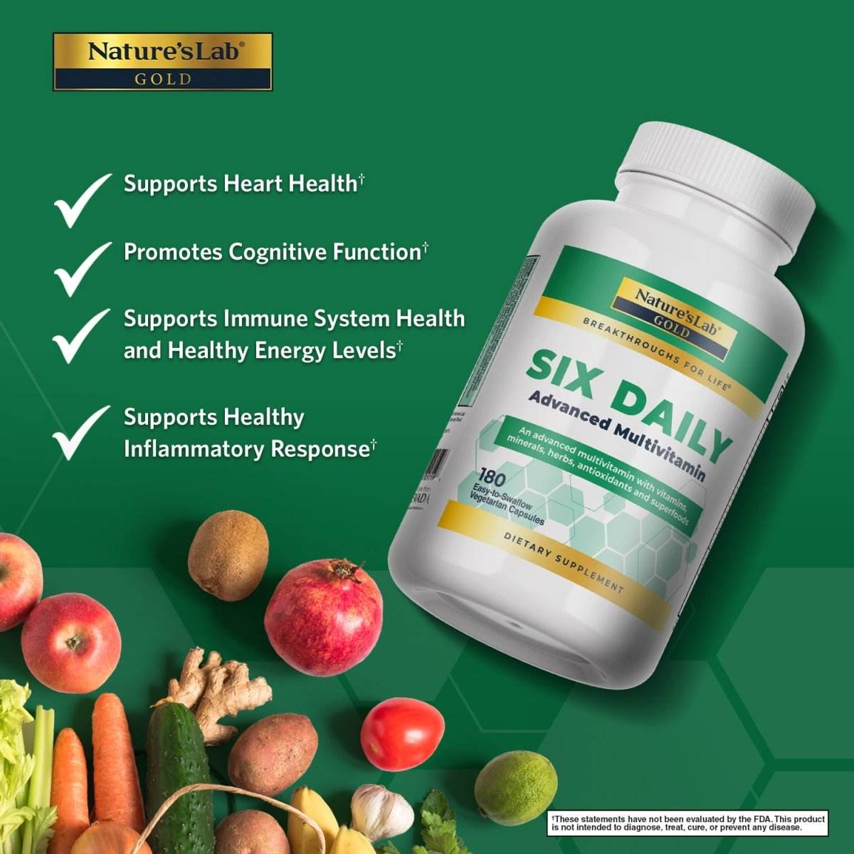 Nature's Lab Gold Six Daily multivitamin in a white bottle with a green and gold label and white cap