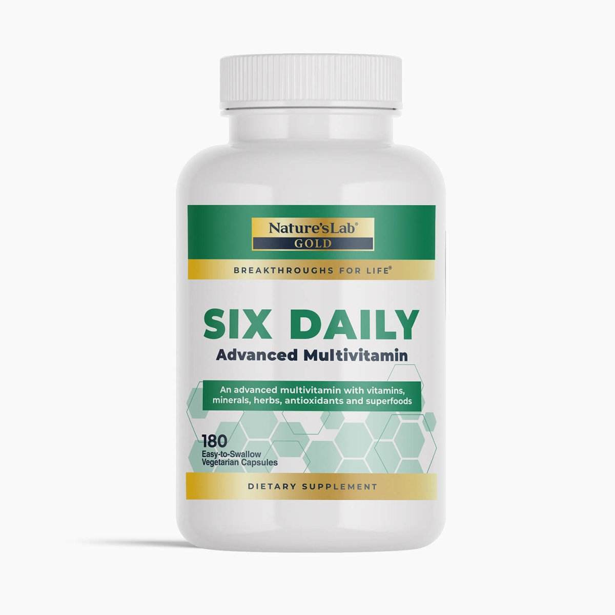 Nature's Lab Gold Six Daily advanced multivitamin in a white bottle with a green and gold label and white cap