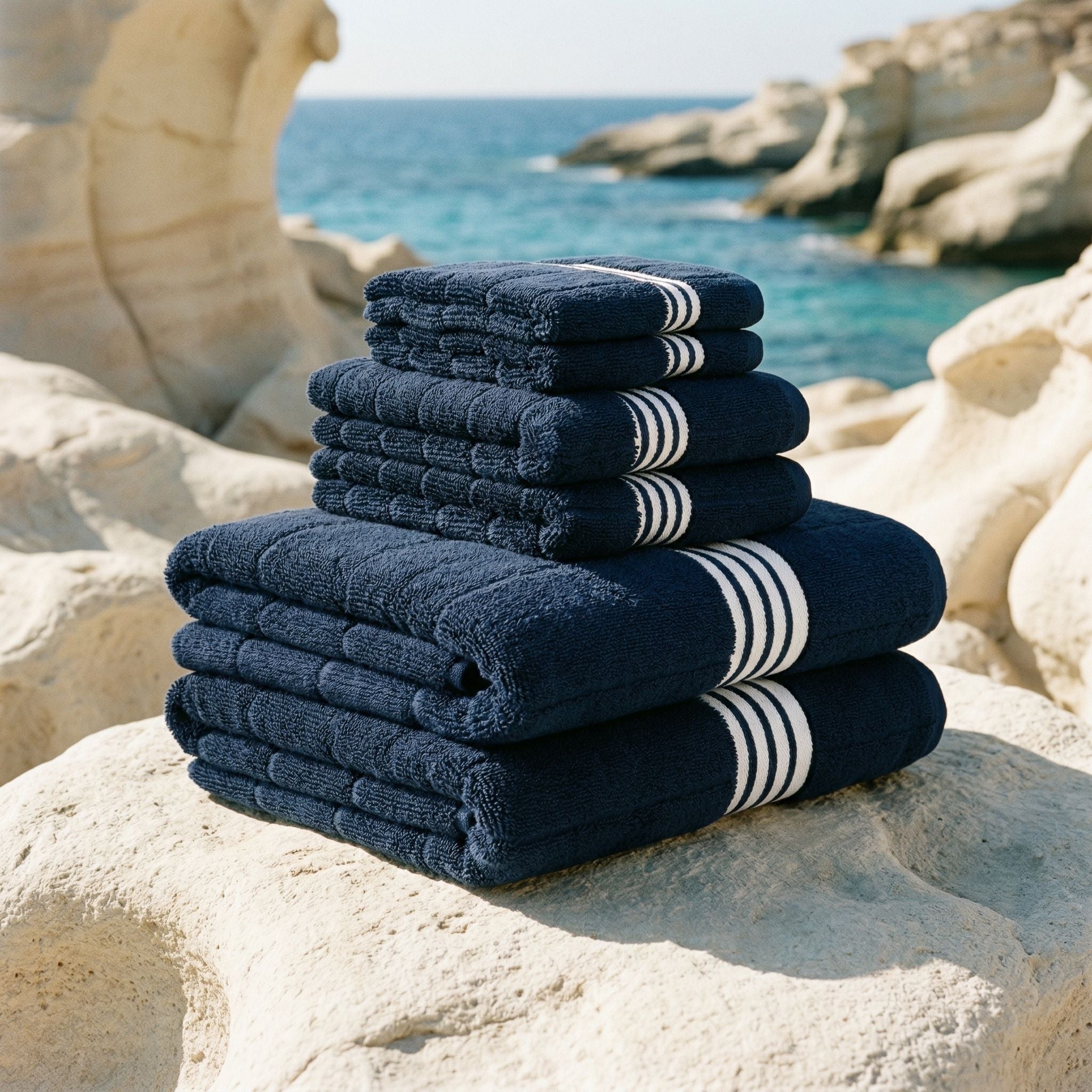 Nautilus Australian Cotton navy blue and white striped towels set