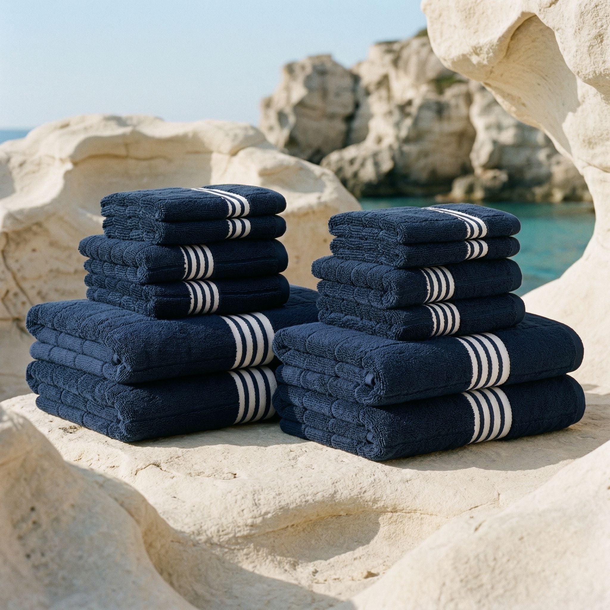 Nautilus Australian Cotton navy blue and white striped towels set