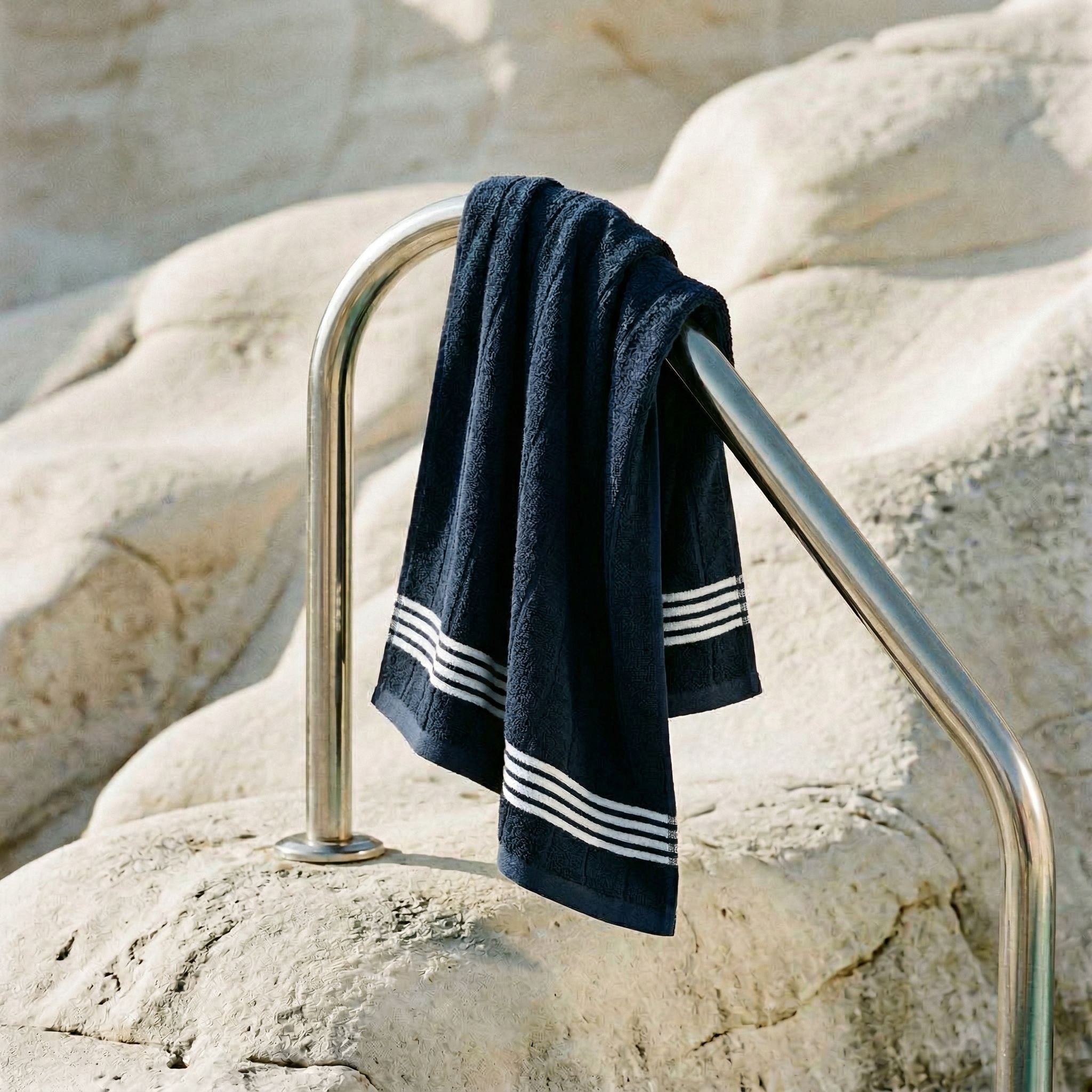 Nautilus Australian cotton navy blue and white striped towels