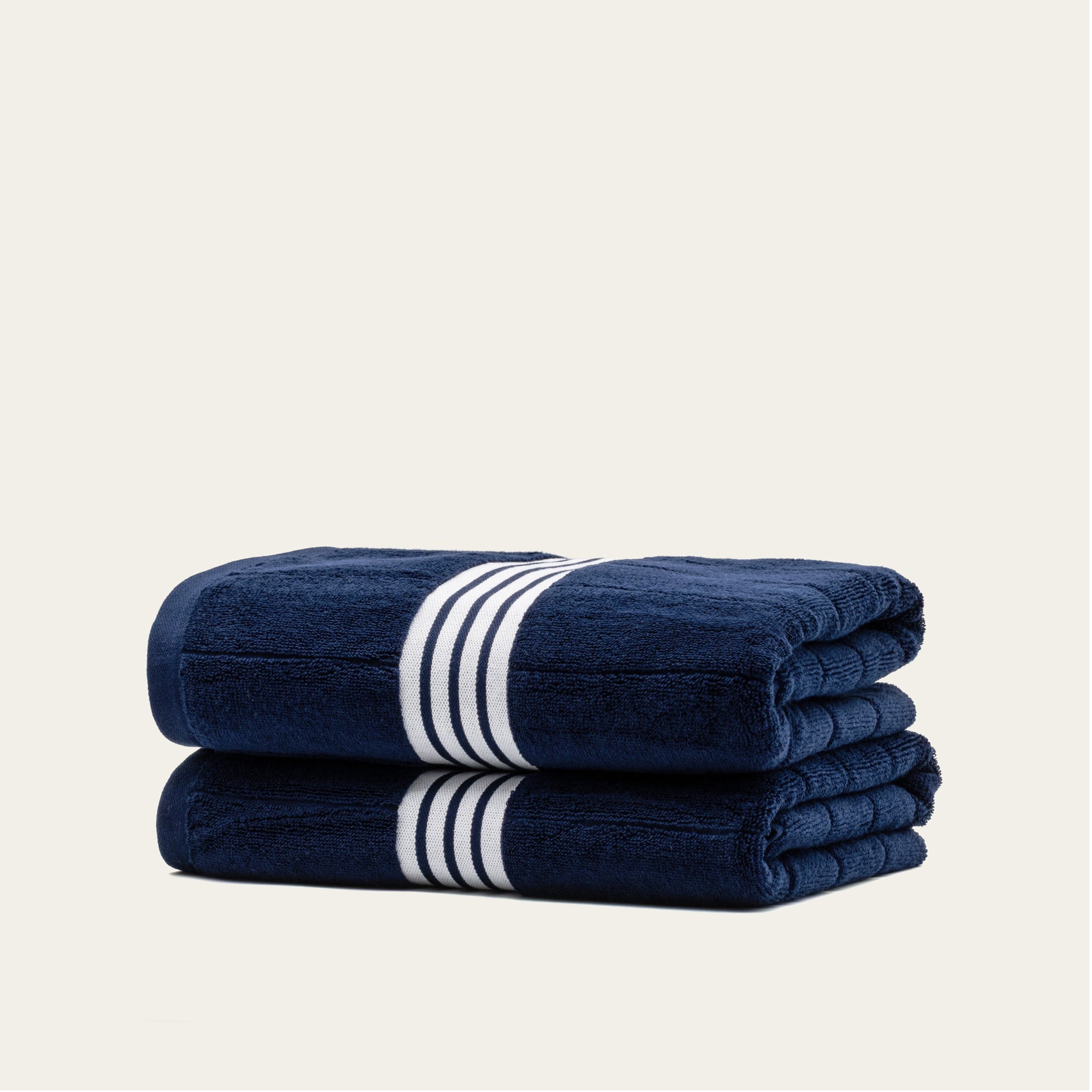 Nautilus Australian cotton towels with navy blue and white stripes