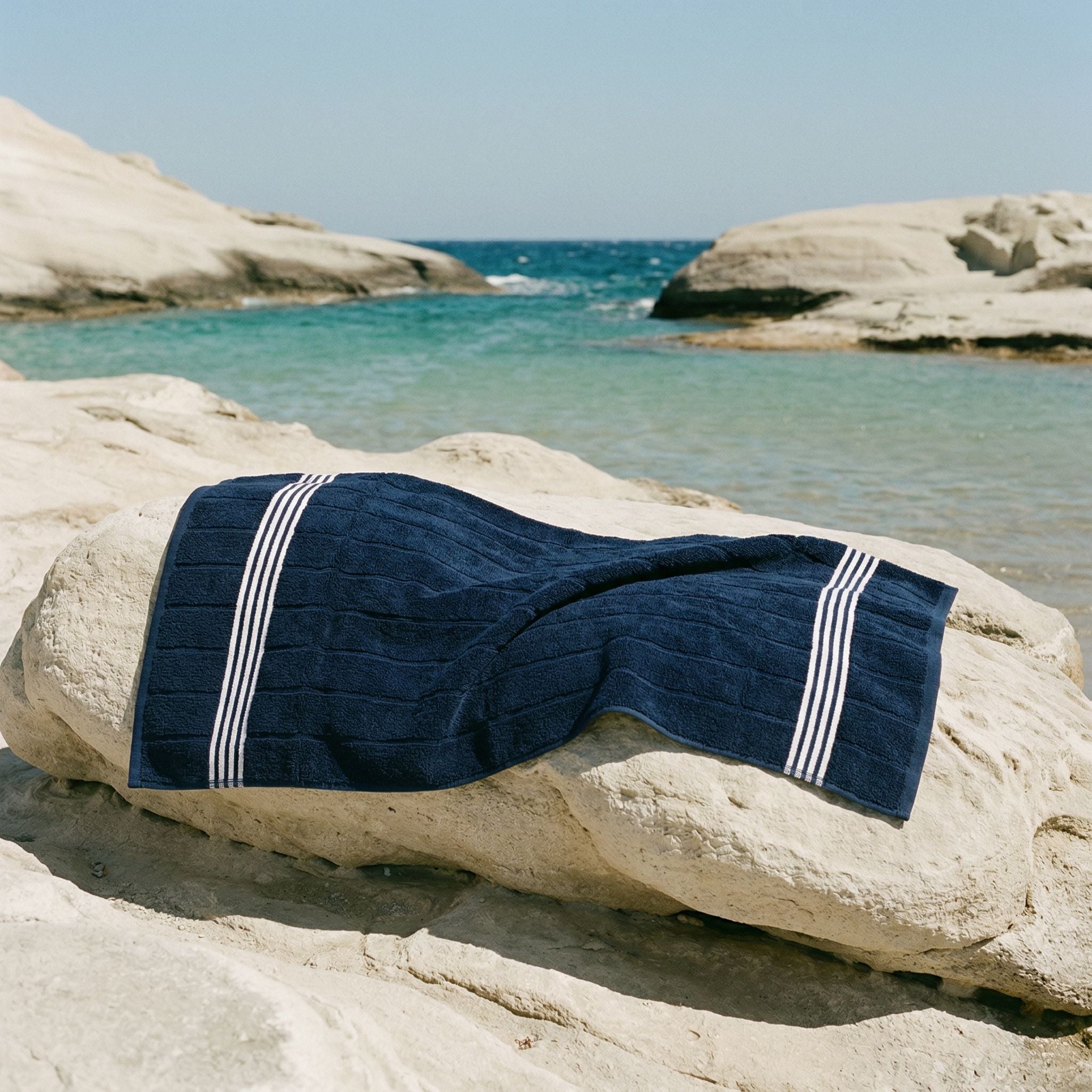 Nautilus Australian Cotton navy blue and white striped towel set