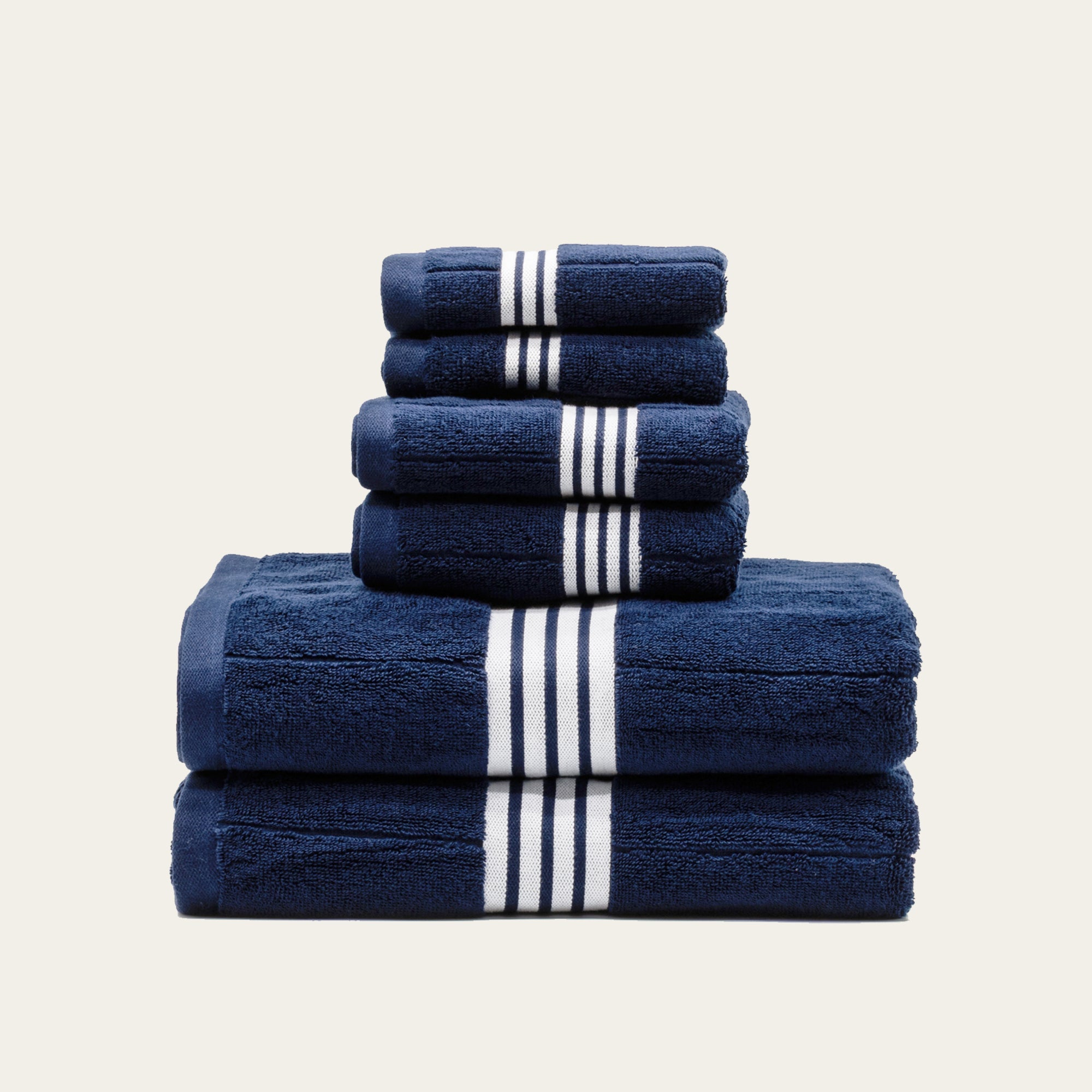 Nautilus Australian cotton towels with navy blue and white stripes
