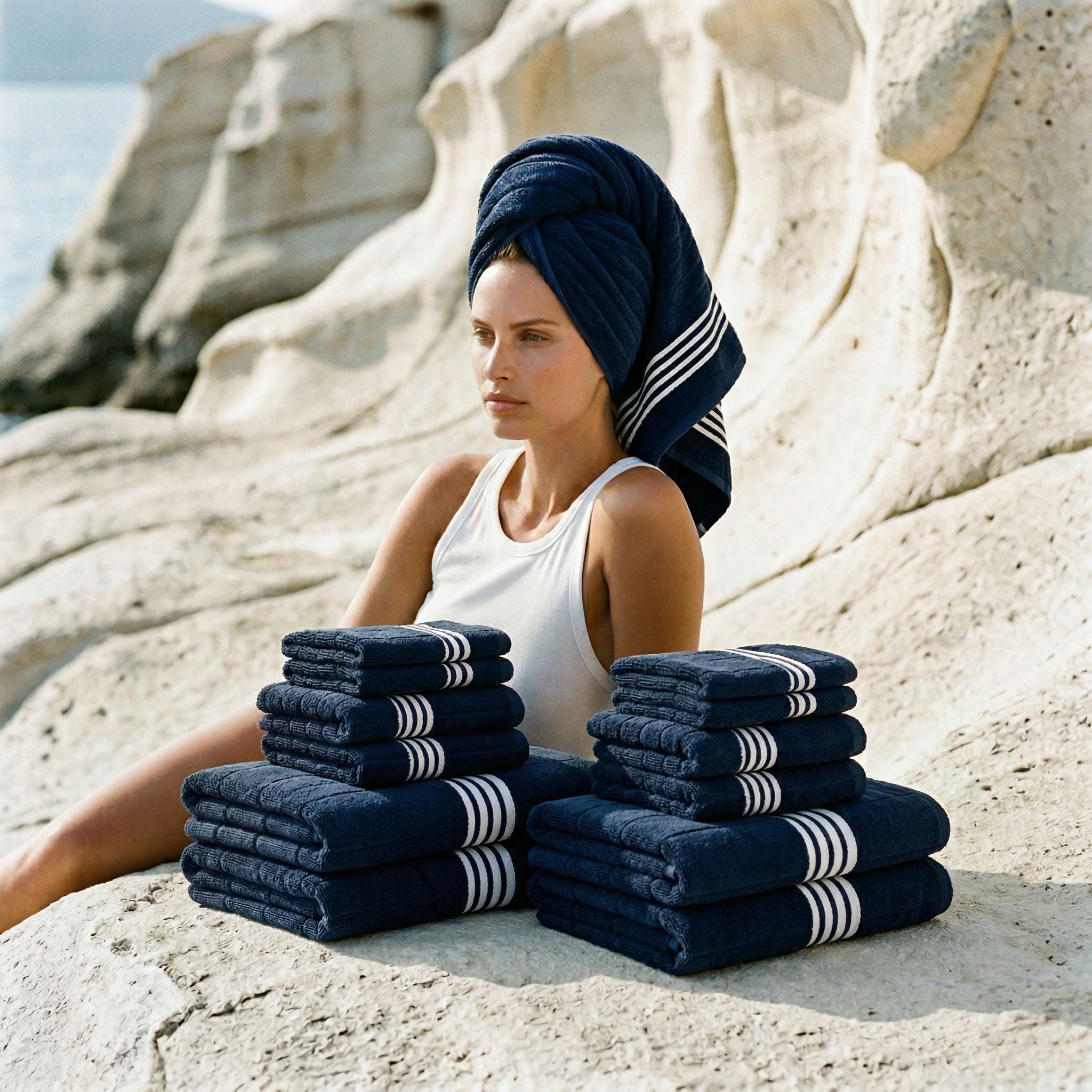Nautilus Australian cotton towels with navy and white stripes
