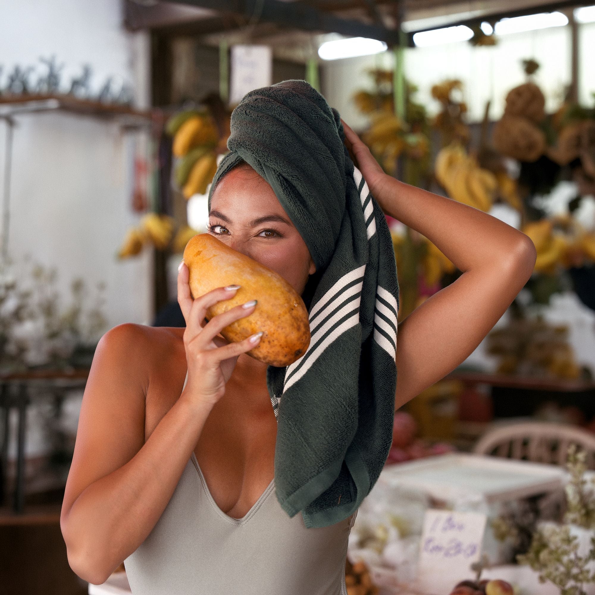 Nautilus Australian cotton towels with navy blue and white stripes