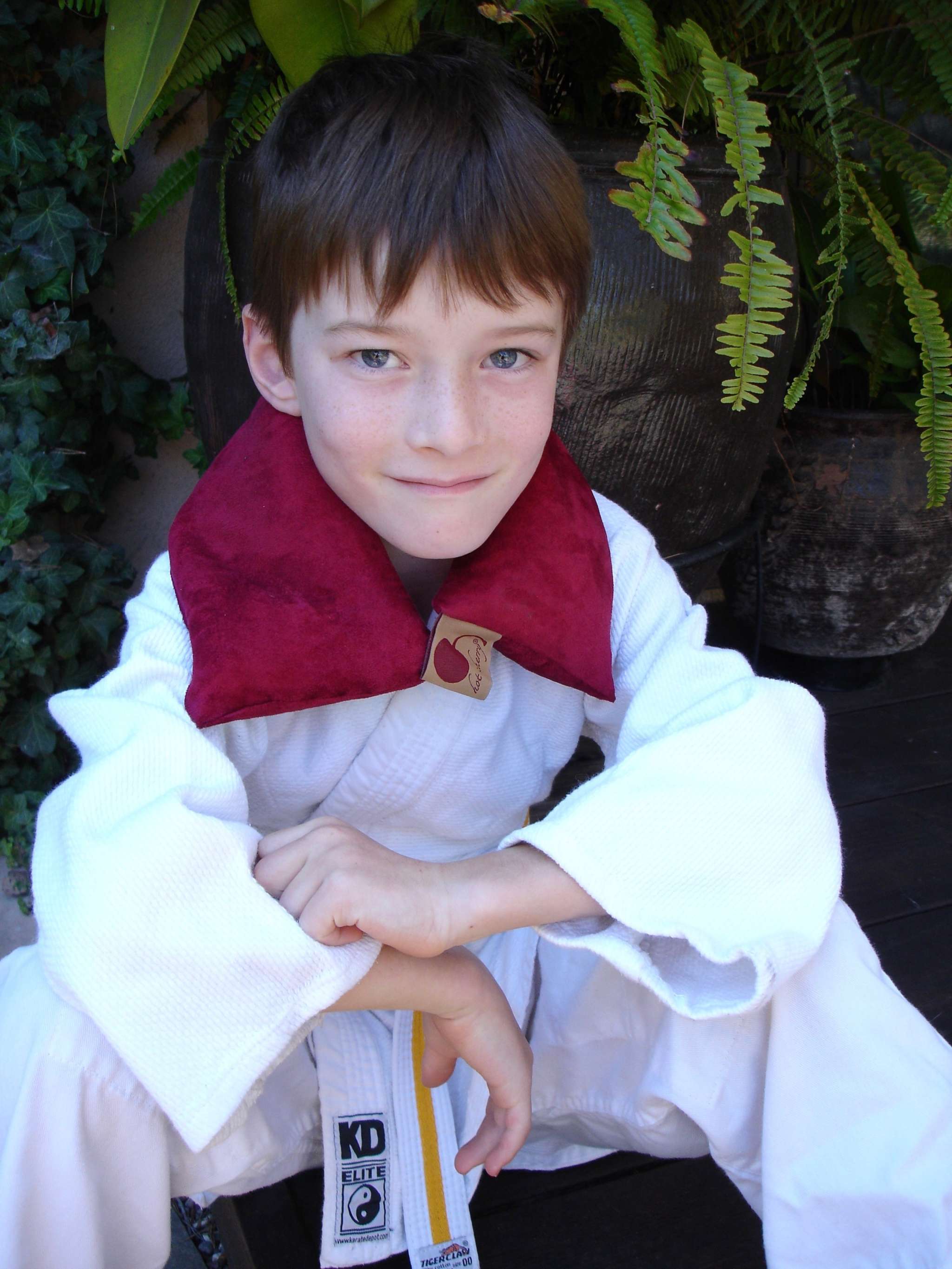 Neck Wrap in deep red plush fabric, worn around the neck with pointed ends and a small wooden tag