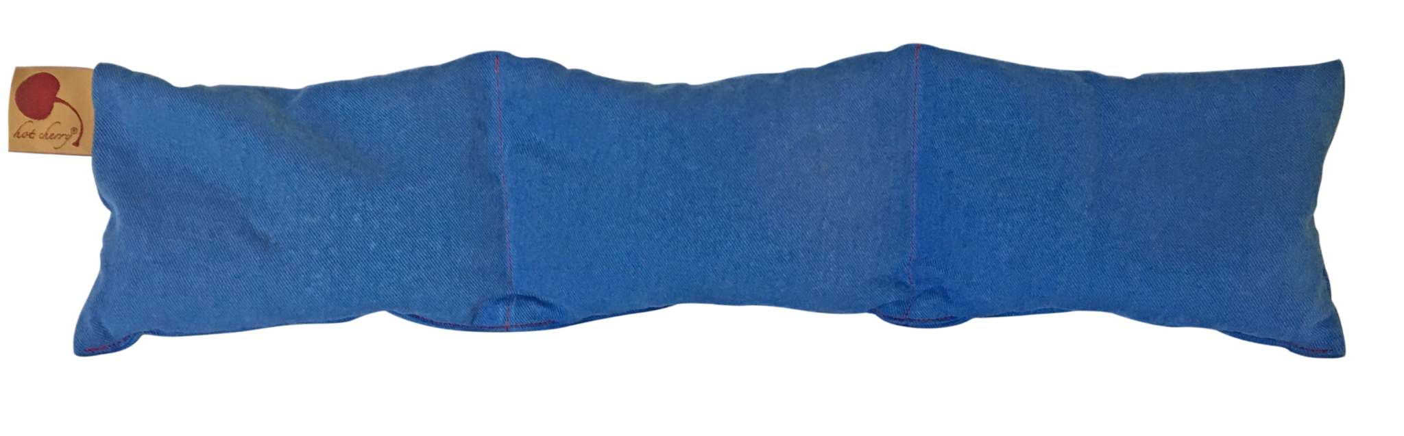 Neck Wrap in Blue Denim, a long blue cotton wrap pillow with three stitched sections and a softly contoured shape