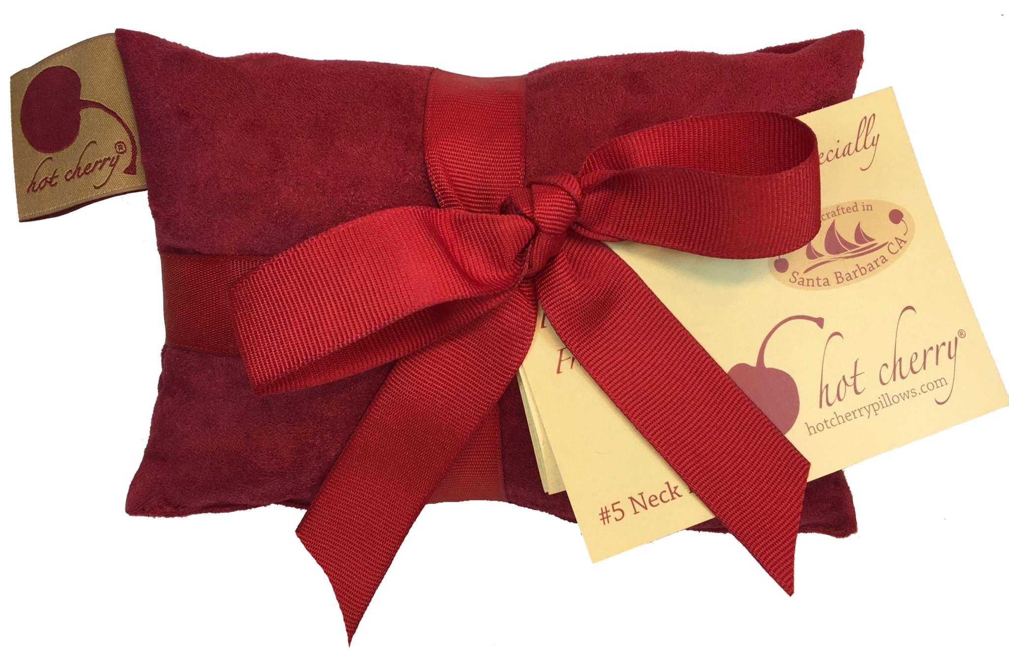 Neck Wrap in deep red plush suede with a matching ribbon bow and attached gift tags
