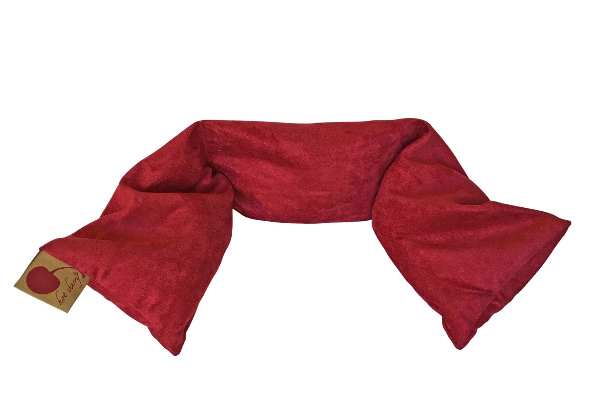 Neck Wrap in deep red plush ultra-suede with a soft, curved shape and attached branded tag