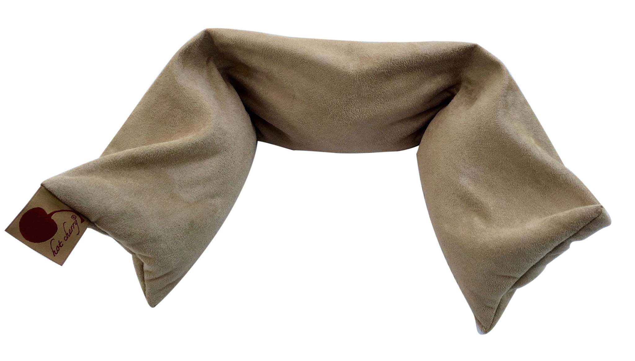 Neck Wrap in tan plush ultra-suede, shaped to drape around the neck with a small branded fabric tag
