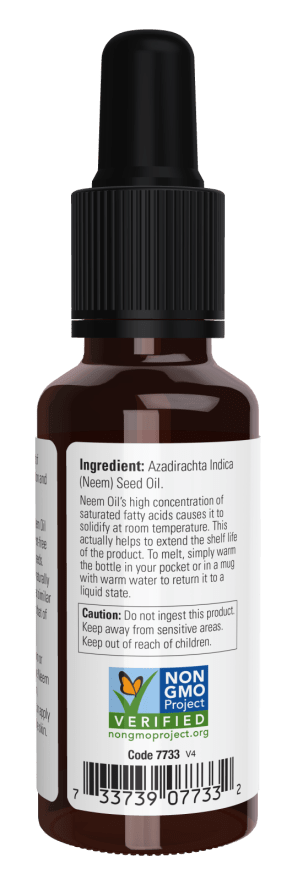Neem Essential Oil in a brown glass dropper bottle with black lid featuring ingredient and caution labels