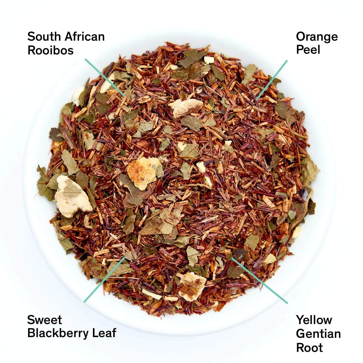 Negroni rooibos tea blend with reddish South African rooibos, orange peel, sweet blackberry leaves and yellow gentian root