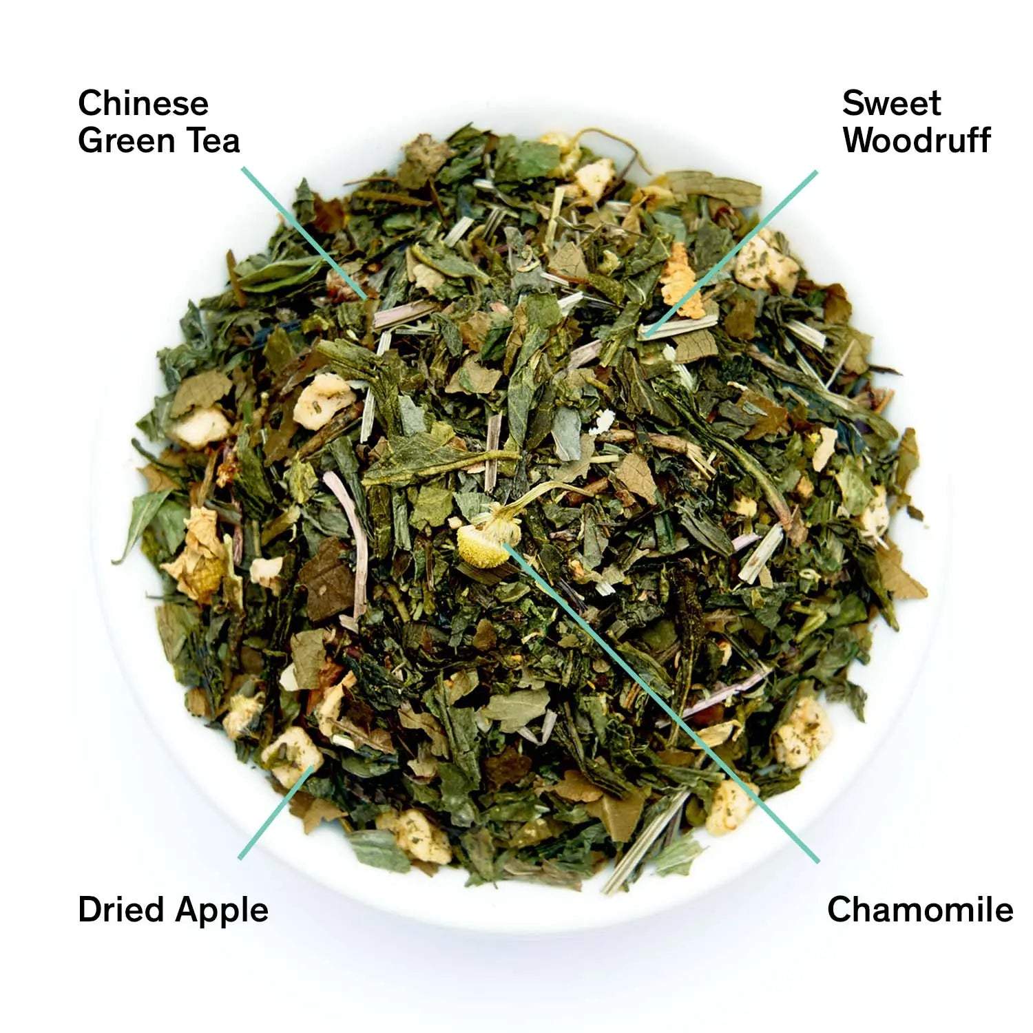 Neon Forest green tea blend with leafy dried herbs, pale apple pieces, chamomile flowers, and sweet woodruff