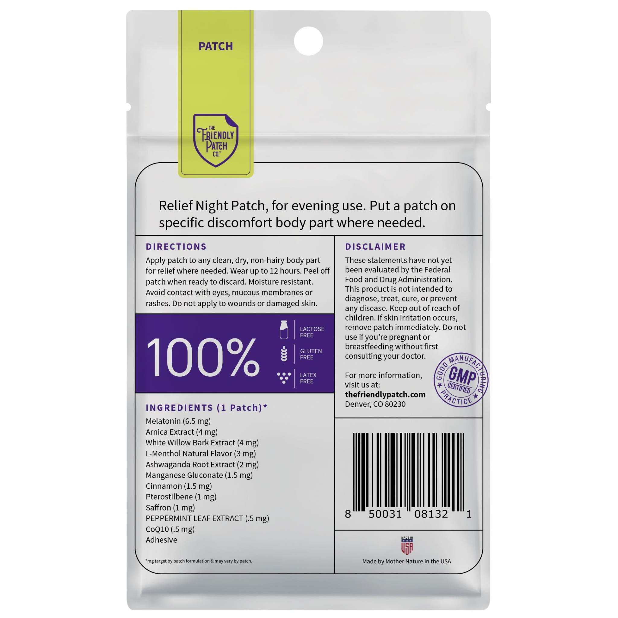 Night Pain Relief Patches package with white and lavender colors listing natural ingredients and usage instructions