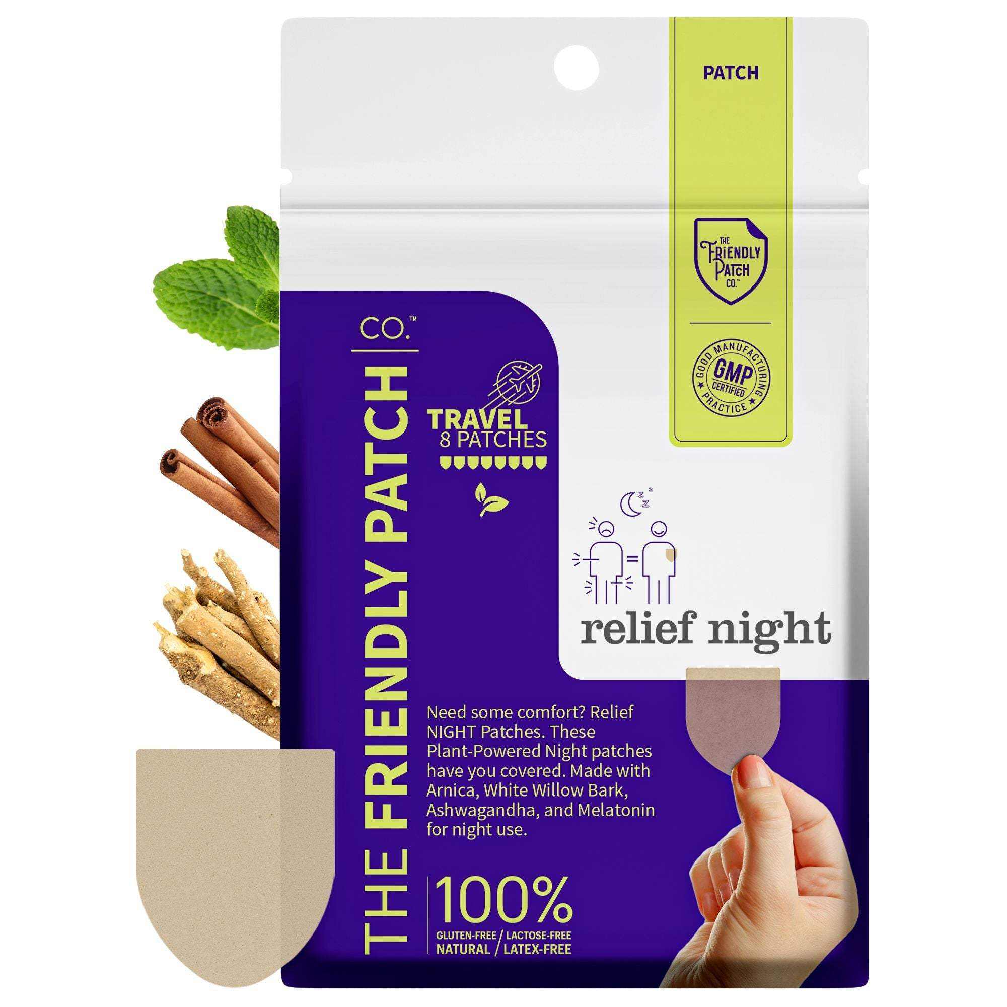 Night Pain Relief Patches packaging featuring purple and white design with natural ingredient illustrations and a hand holding a patch