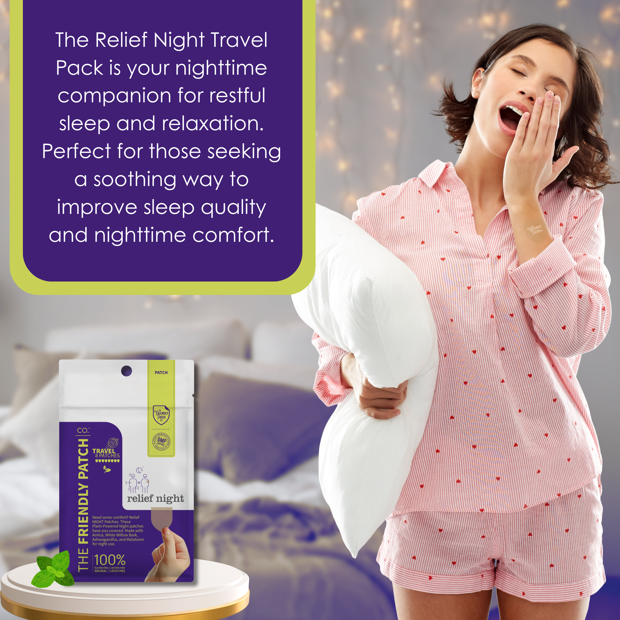 Night Pain Relief Patches in purple and white packaging with green accents, shown with a woman in pink polka dot pajamas holding a pillow yawning