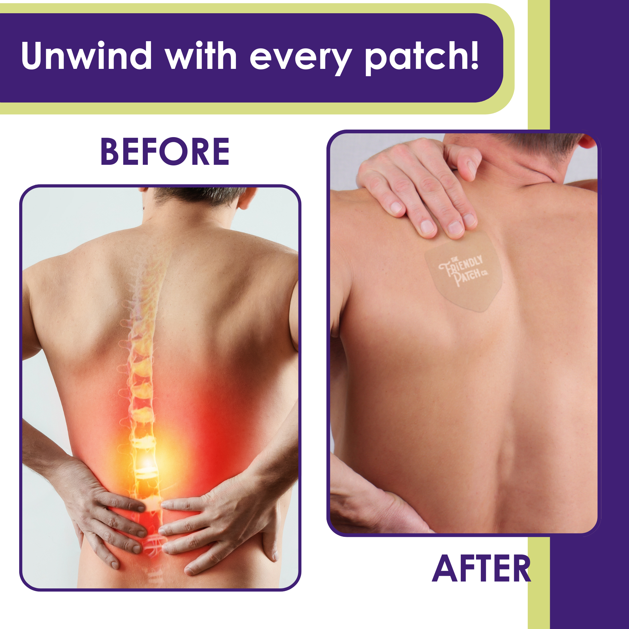 Night Pain Relief Patches applied on a person's upper back showing a clear patch labeled The Friendly Patch, highlighting relief from lower back soreness and discomfort