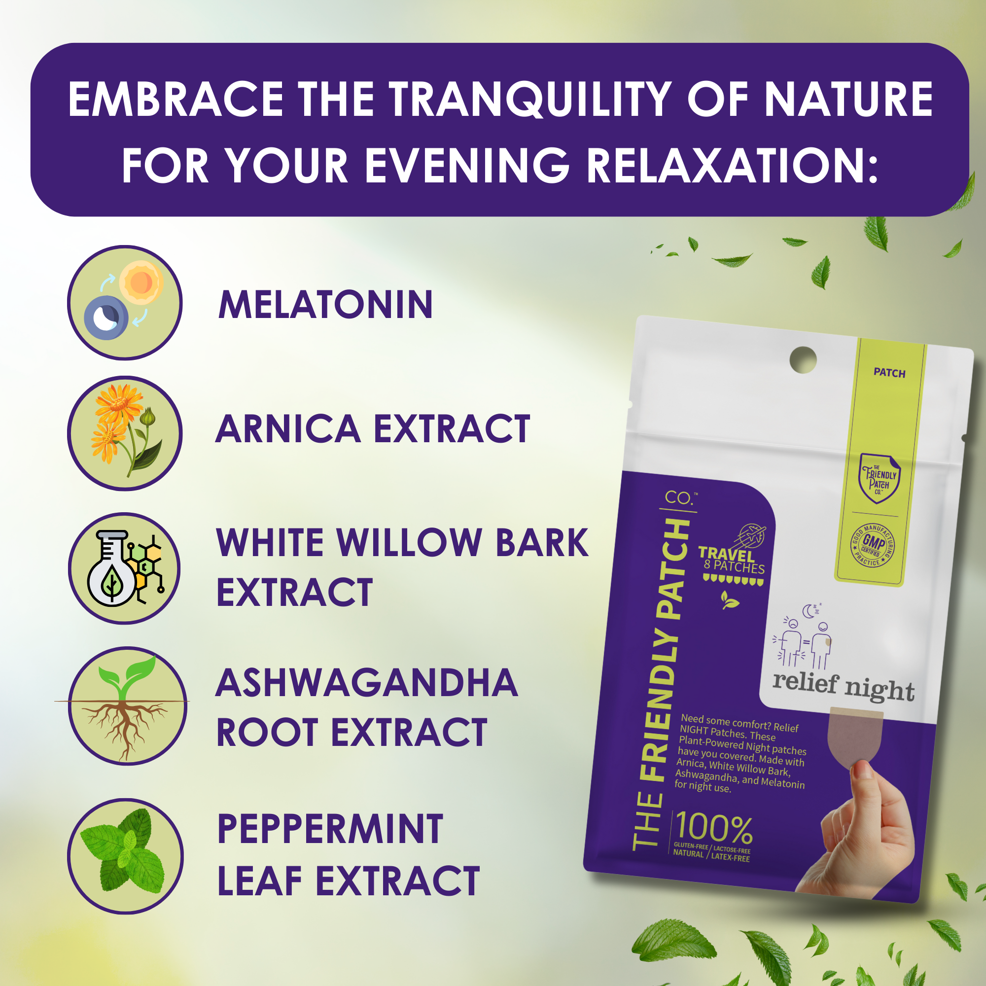 Night Pain Relief Patches featuring a white and purple resealable pouch with yellow accents, highlighting melatonin, arnica extract, white willow bark extract, ashwagandha root extract, and peppermint leaf extract for evening relaxation