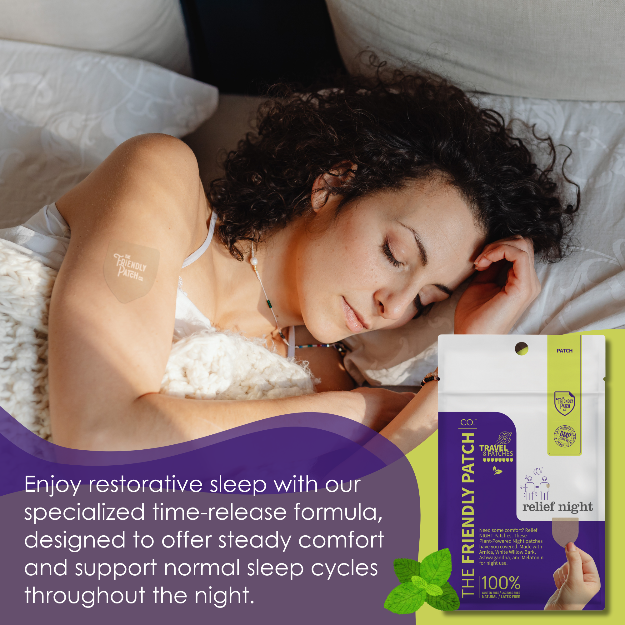 Night Pain Relief Patches applied on a woman's upper arm, part of a plant-based sleep and soreness relief product pack shown nearby
