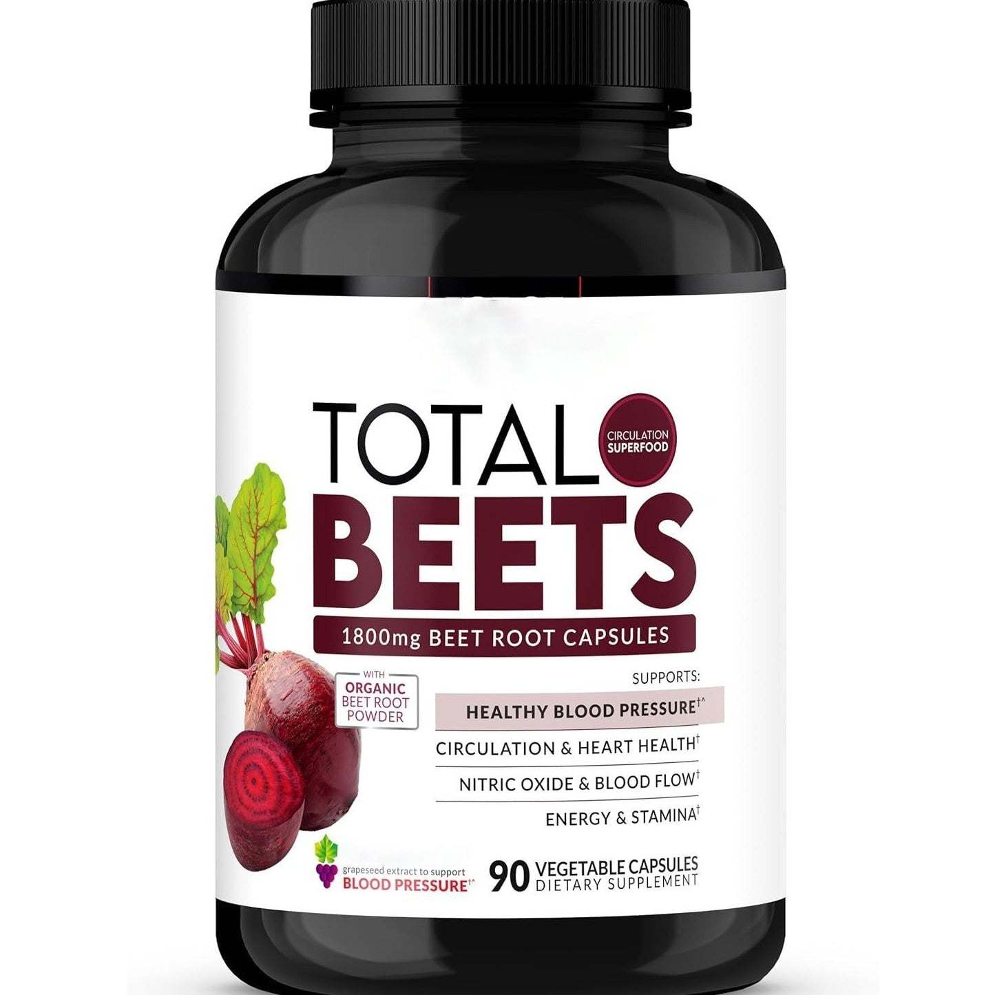 Nitric Oxide Beetroot Capsules bottle with white label featuring red beets illustration, highlighting 1800mg beet root capsules and health benefits