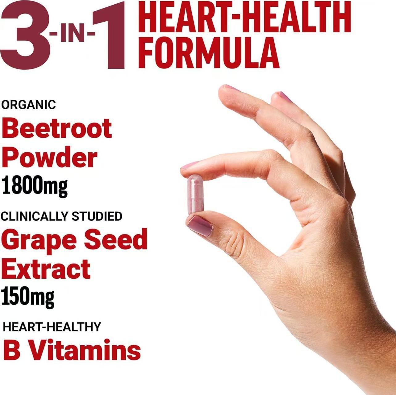 Nitric Oxide Beetroot Capsules shown as a single light pink capsule held between fingers with text highlighting beetroot powder, grape seed extract, and B vitamins.