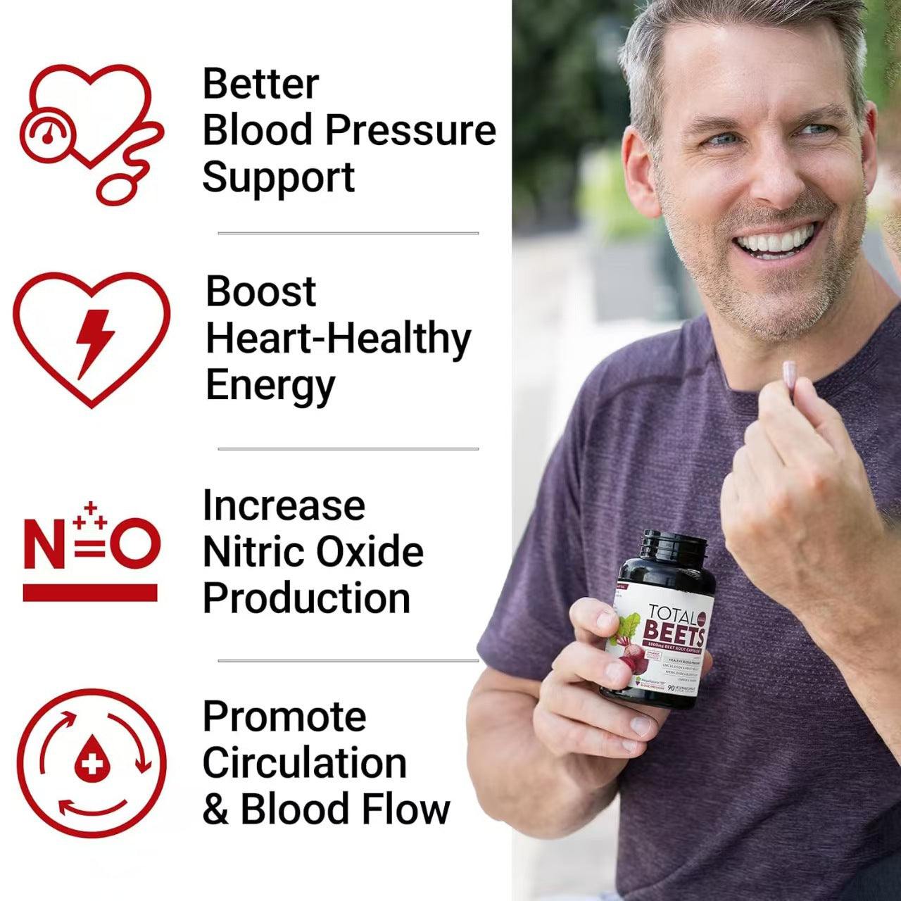 Man holding black bottle of Nitric Oxide Beetroot Capsules with white label featuring beets, promoting heart health and circulation benefits