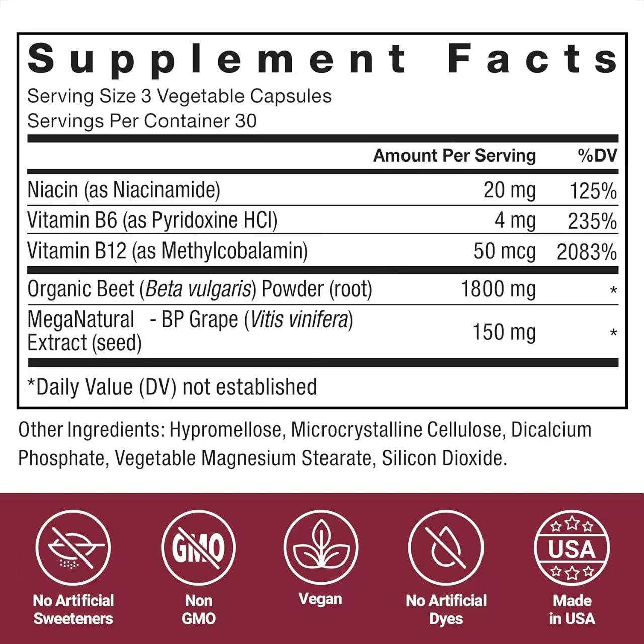 Nitric Oxide Beetroot Capsules supplement facts label showing serving size, vitamins B6 and B12, niacin, organic beetroot powder, and grape extract