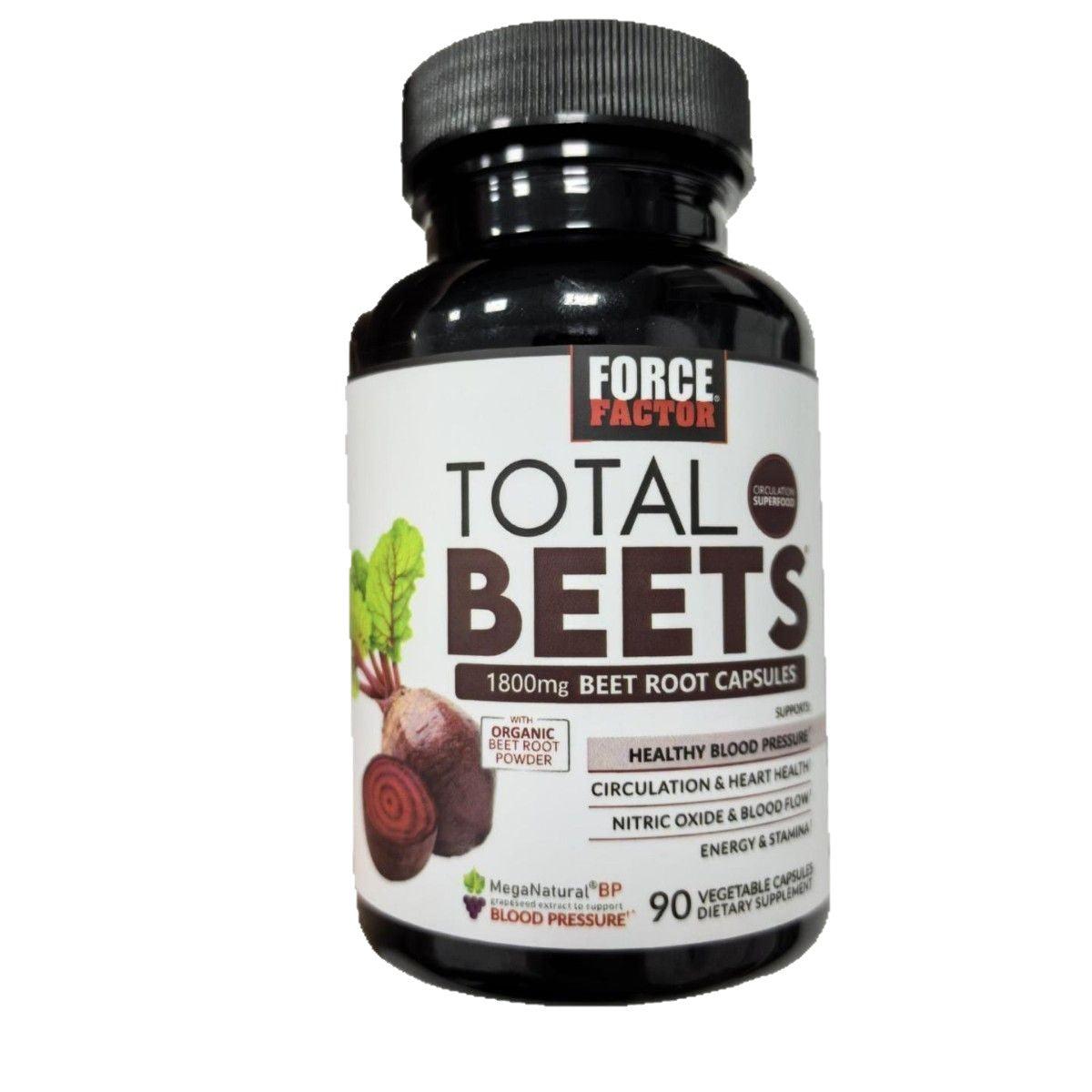 Bottle of Nitric Oxide Beetroot Capsules with black plastic lid, white and brown label featuring beetroot image and product details.