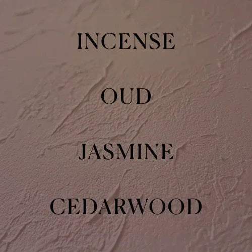 No. 1 - Bois Sacré Perfume notes graphic in muted mauve, listing incense, oud, jasmine and cedarwood
