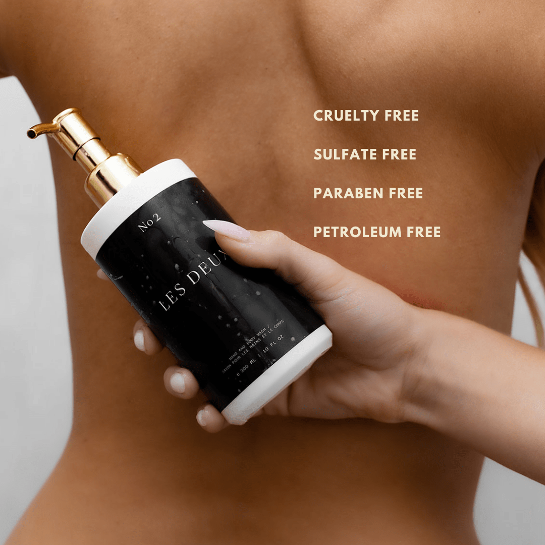 No. 2 - Peau d’Or Body Wash in a black bottle with a gold pump and white cap, held in hand