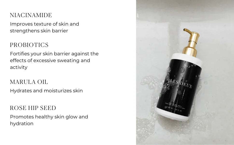 No. 2 - Peau d’Or Body Wash in a black bottle with a gold pump dispenser and white base