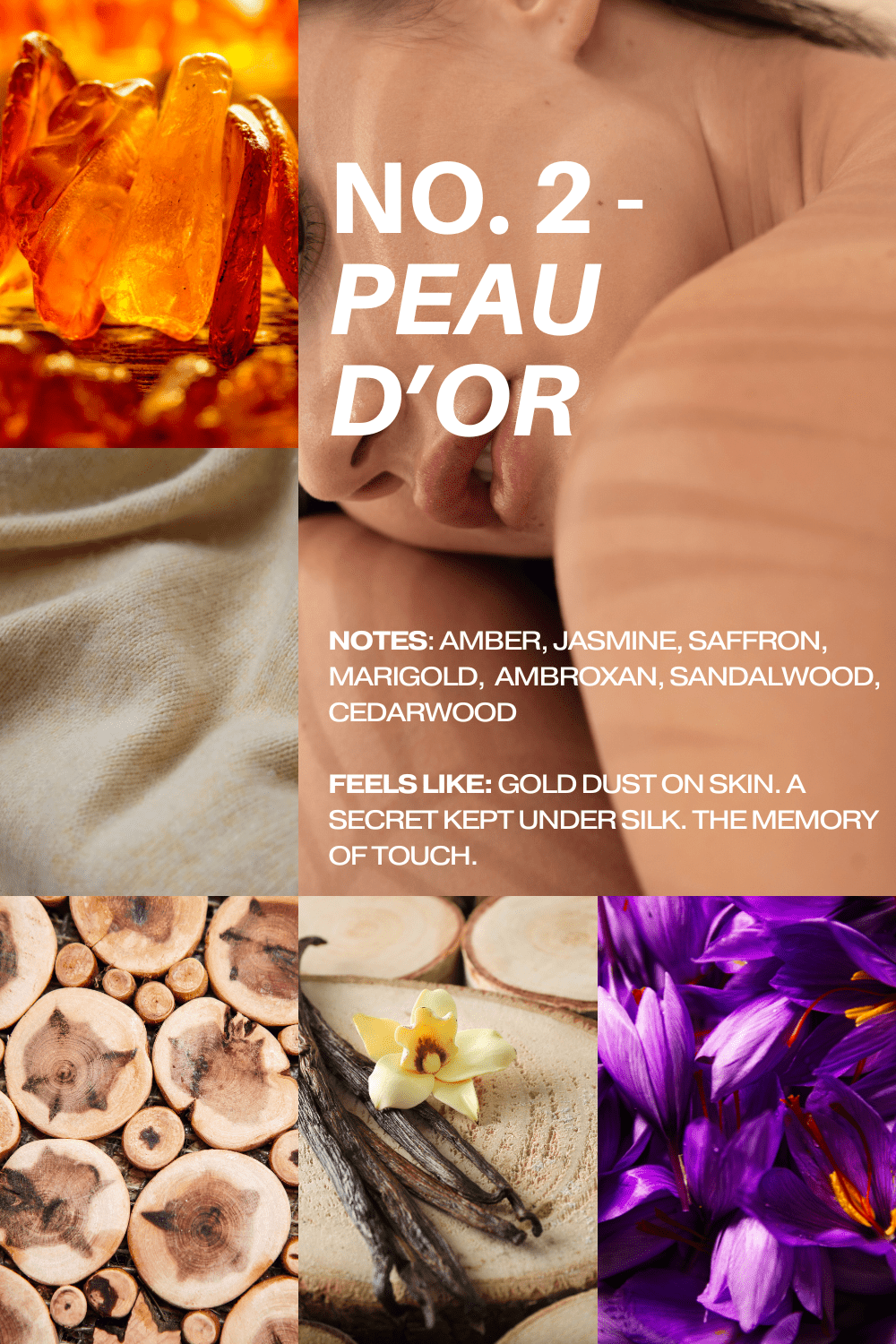 No. 2 - Peau d’Or Perfume collage with amber, saffron, sandalwood, cedarwood, and purple floral imagery