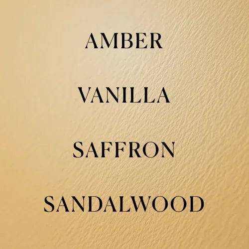 No. 2 - Peau d’Or Perfume fragrance notes featuring amber, vanilla, saffron, and sandalwood in black lettering