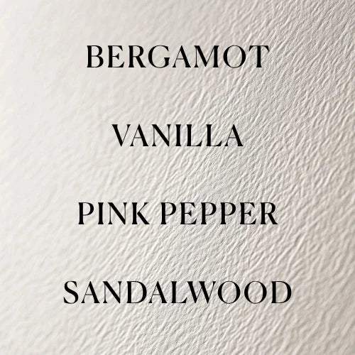 No. 4 - L'Âme Velours Perfume notes card in white textured material, featuring bergamot, vanilla, pink pepper and sandalwood 
