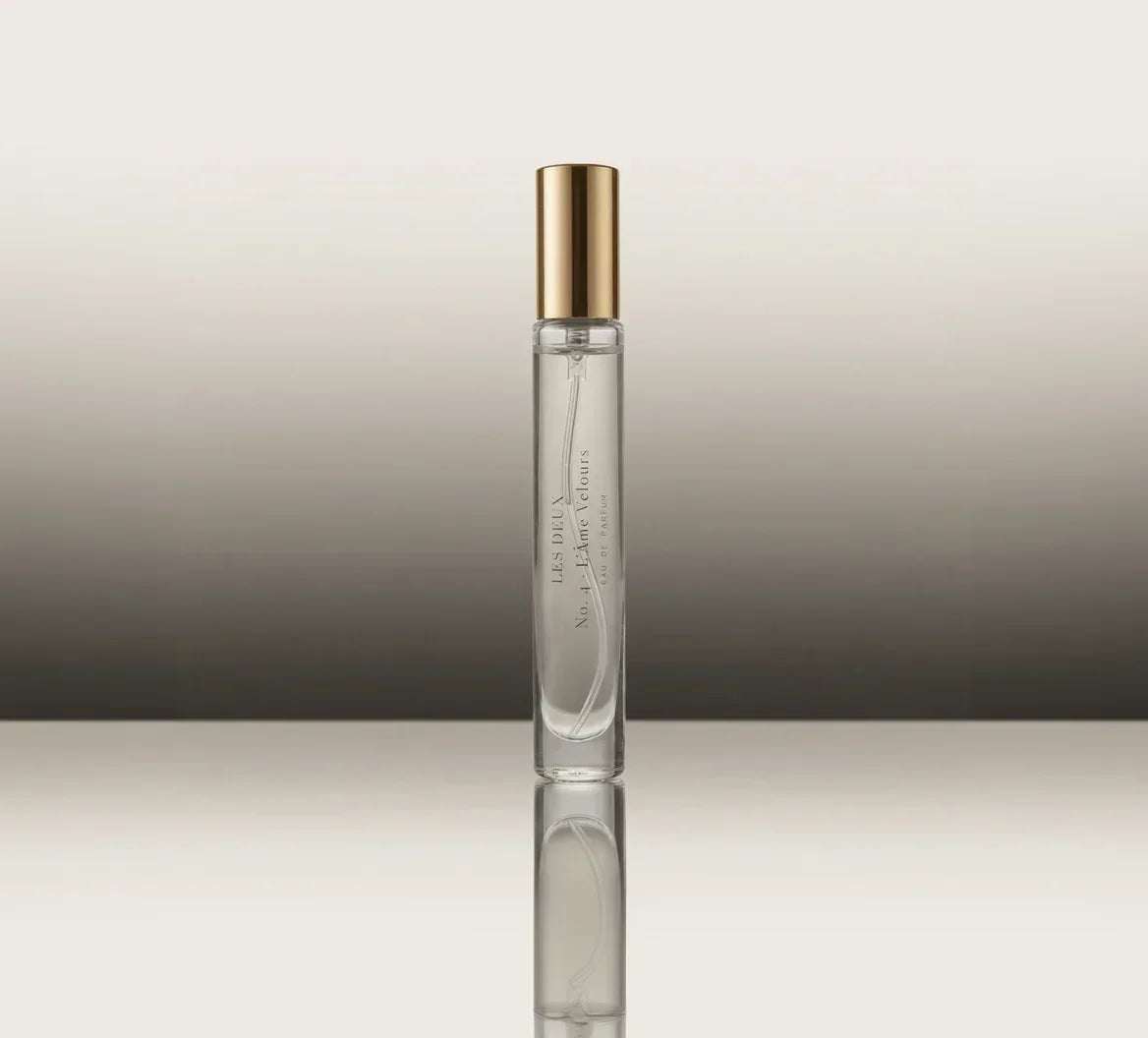 No. 4 - L'Âme Velours Perfume, clear glass spray vial with a slim gold metallic cap and subtle label text