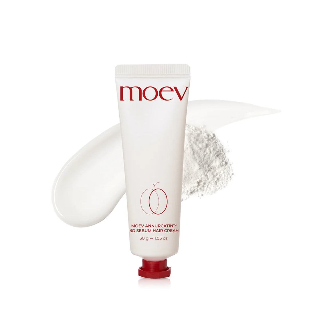 No Sebum Hair Cream in a white and red squeezable tube with a matte cream and powder texture swatch in the background.