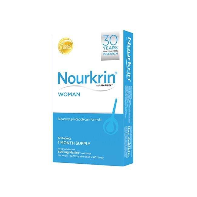 Nourkrin Woman tablet supplement box in white and turquoise, with blue branding, a hair follicle graphic and 60-tablet supply