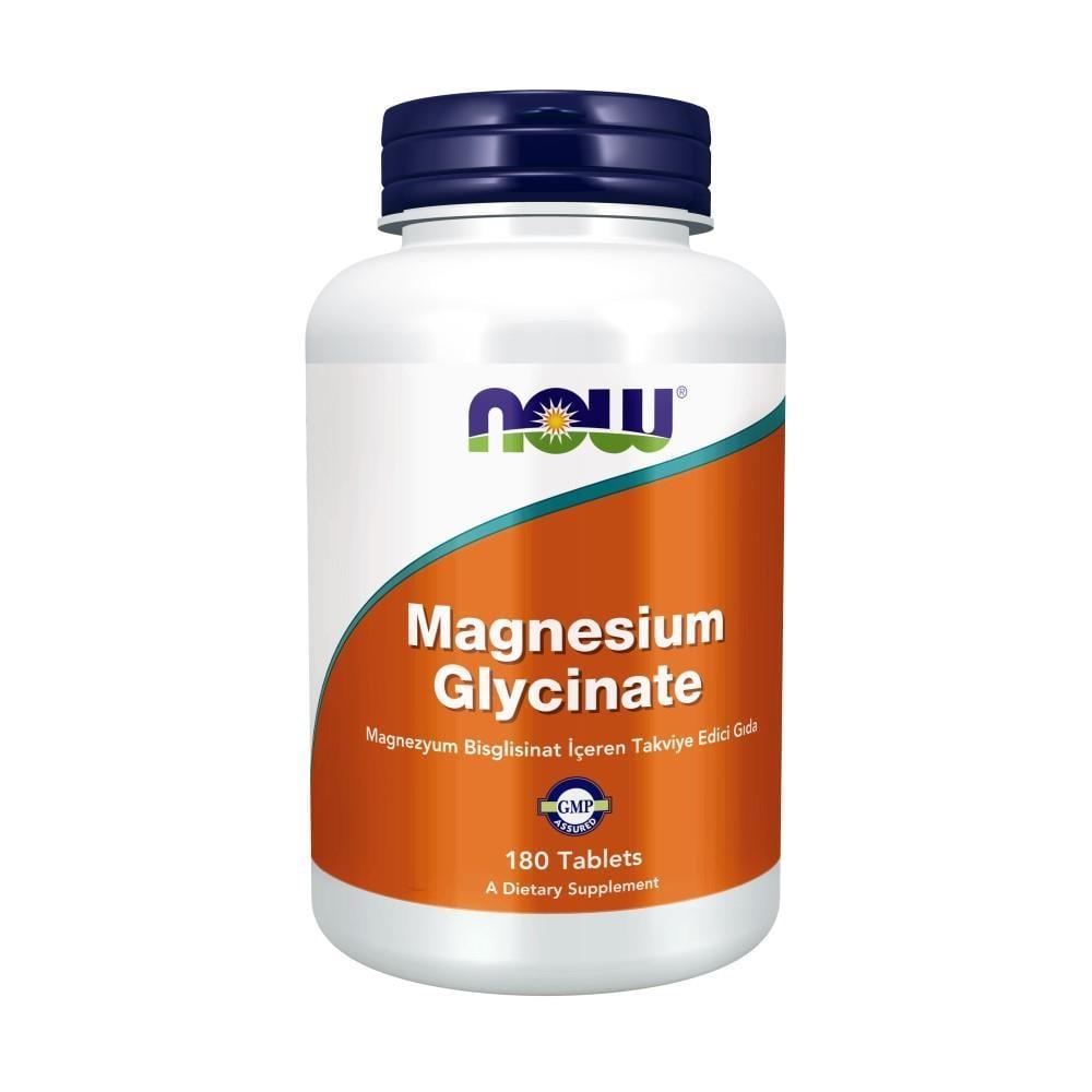 White plastic bottle of Magnesium Glycinate Tabs with an orange and white label and a dark blue cap, containing 180 tablets.