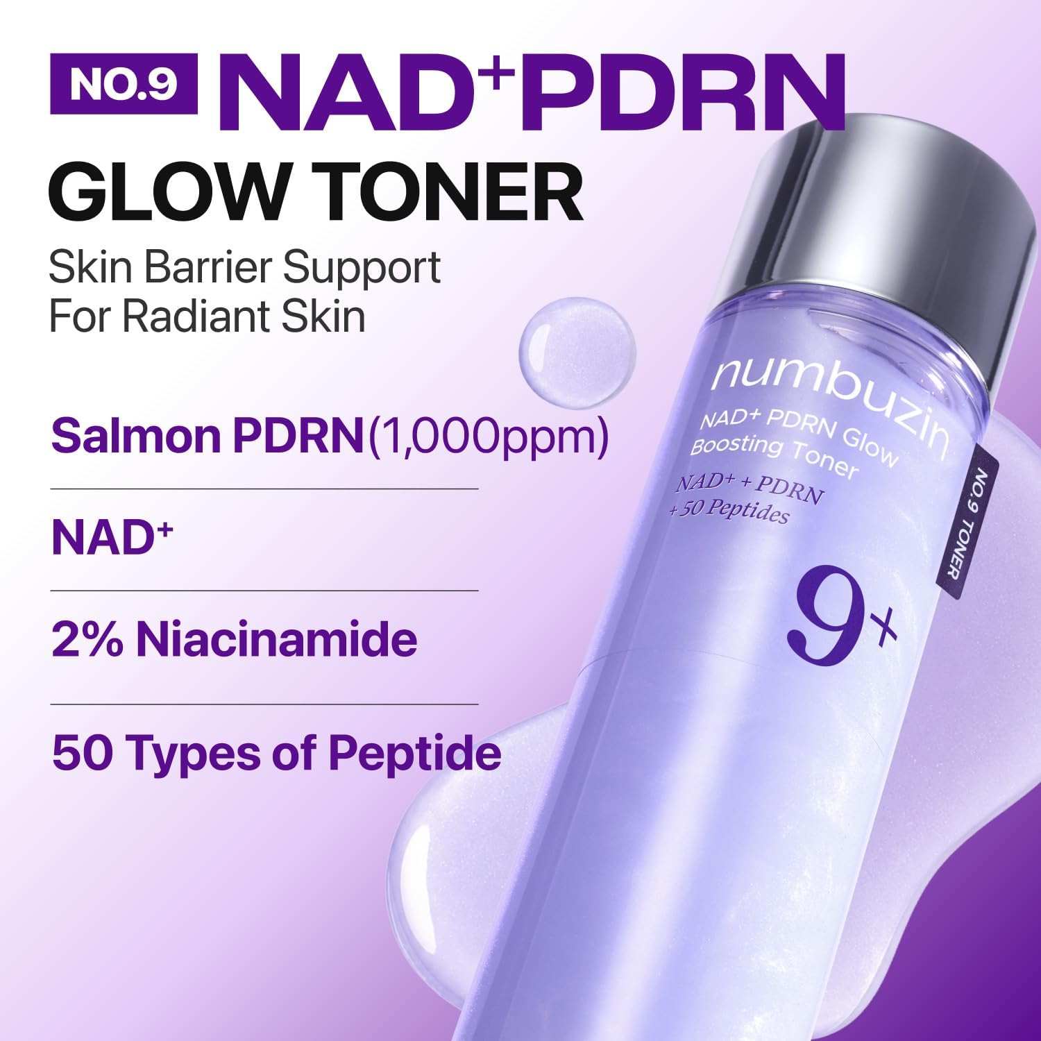 Numbuzin No. 9 NAD+ PDRN Glow Boosting Toner in a lavender bottle with silver cap and NAD+ PDRN label