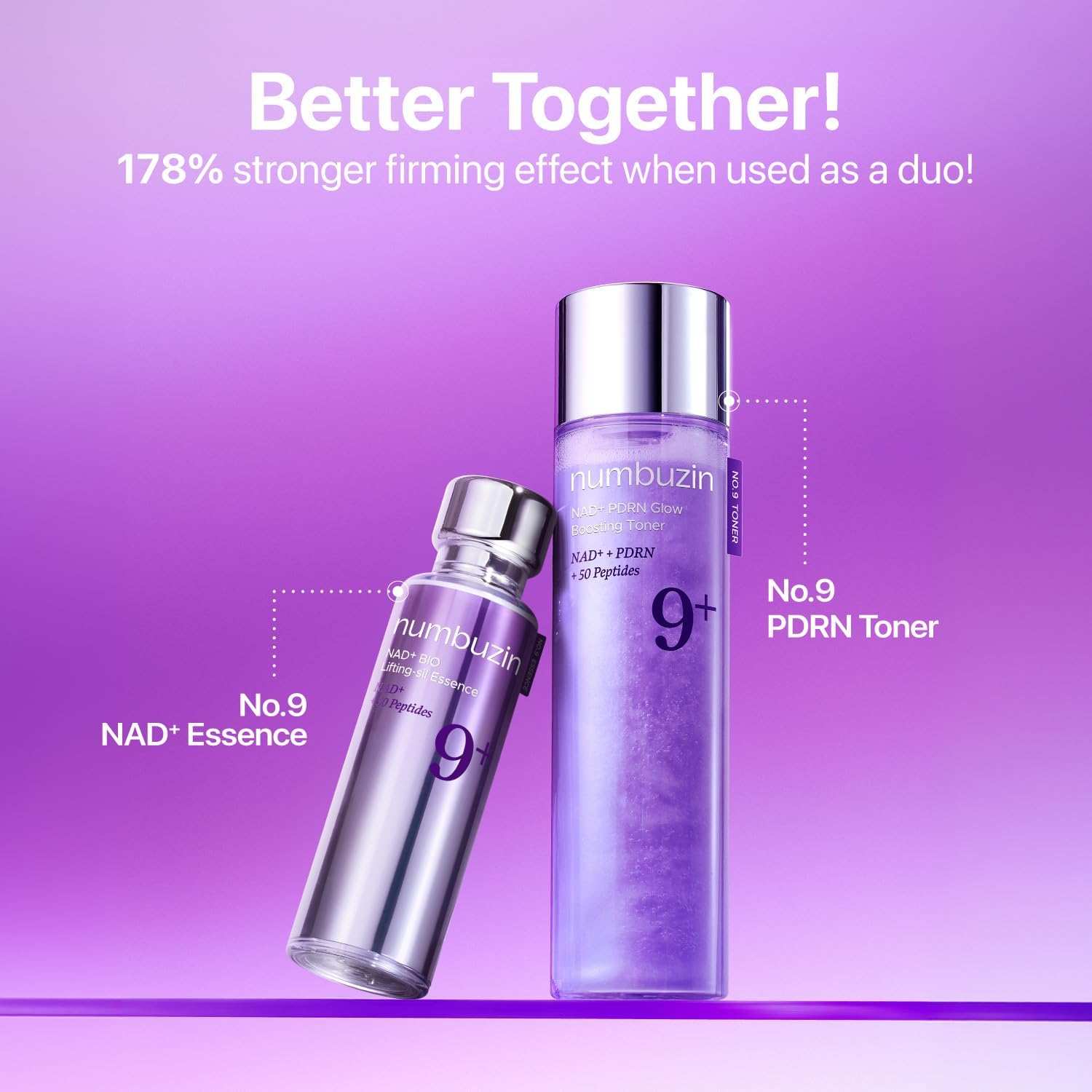 Numbuzin No. 9 NAD+ PDRN Glow Boosting Toner in a violet pearlescent bottle with silver cap