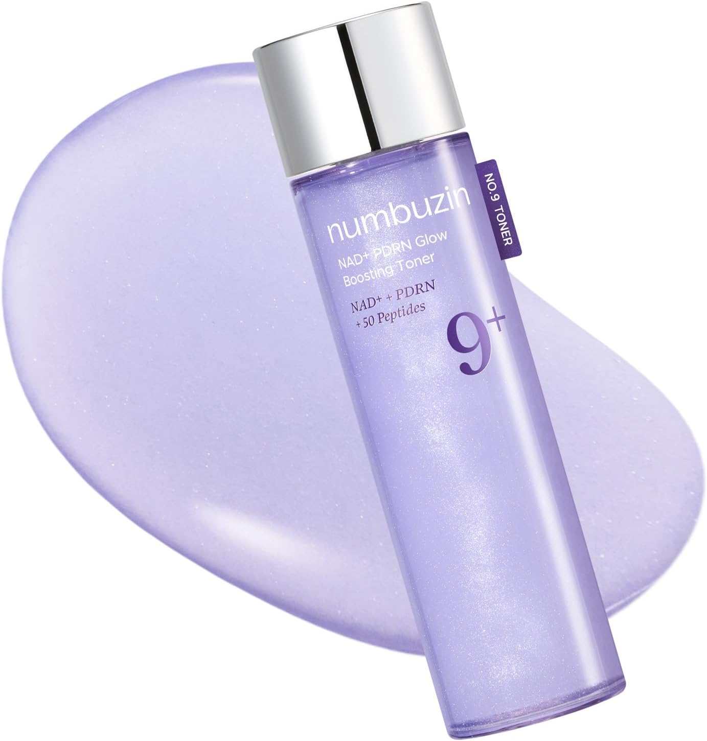 Numbuzin No. 9 NAD+ PDRN Glow Boosting Toner in a translucent violet bottle with silver cap
