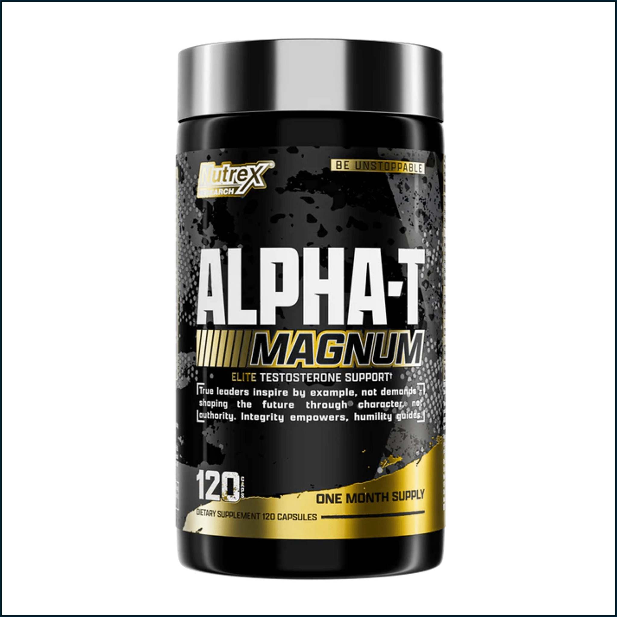 Nutrex Alpha-T Magnum supplement bottle with a black and silver label, bold white lettering and gold accents