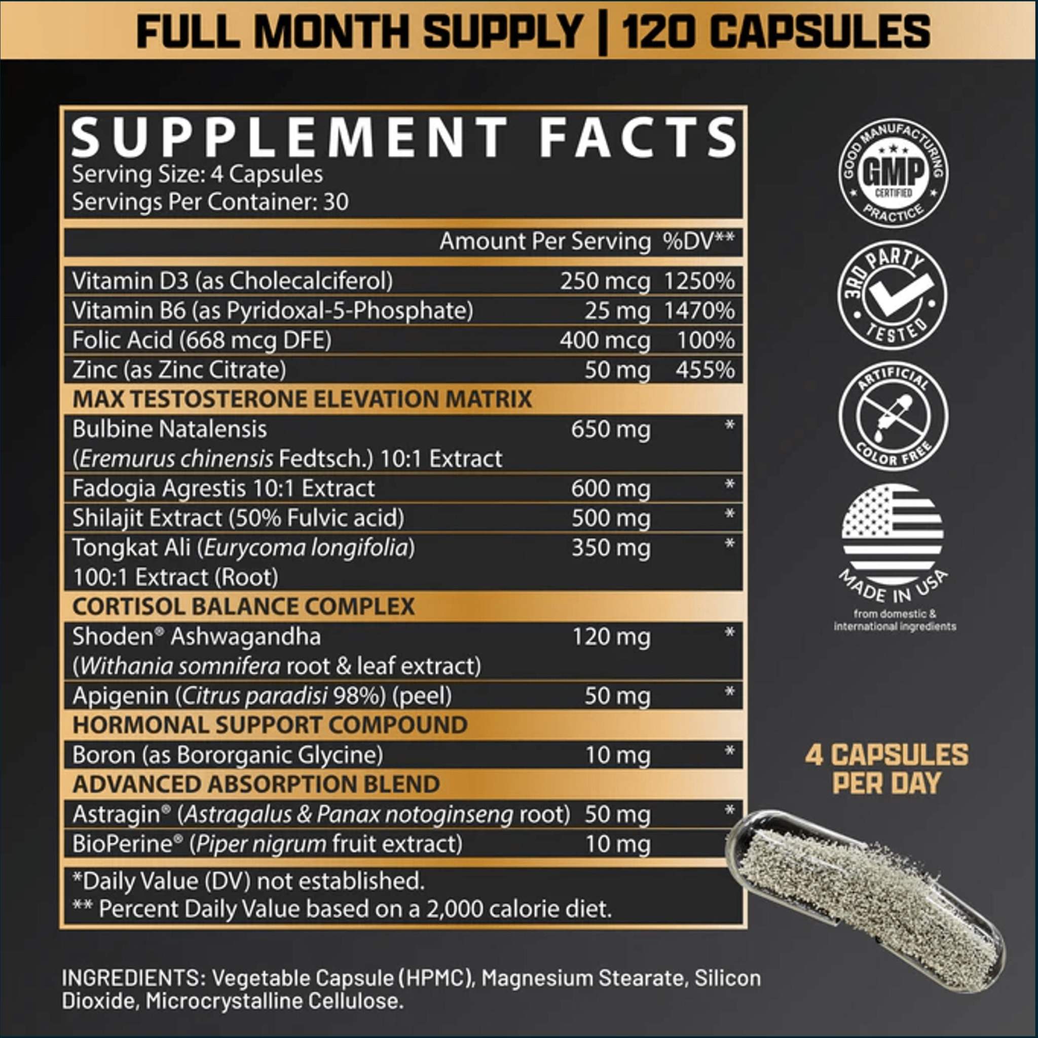 Nutrex Alpha-T Magnum supplement facts label listing vitamins, testosterone support ingredients and 120 capsules