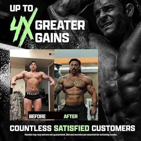 Nutrex Anabol NightTime supplement promotion featuring before-and-after physique photos and a claim of up to four times greater gains